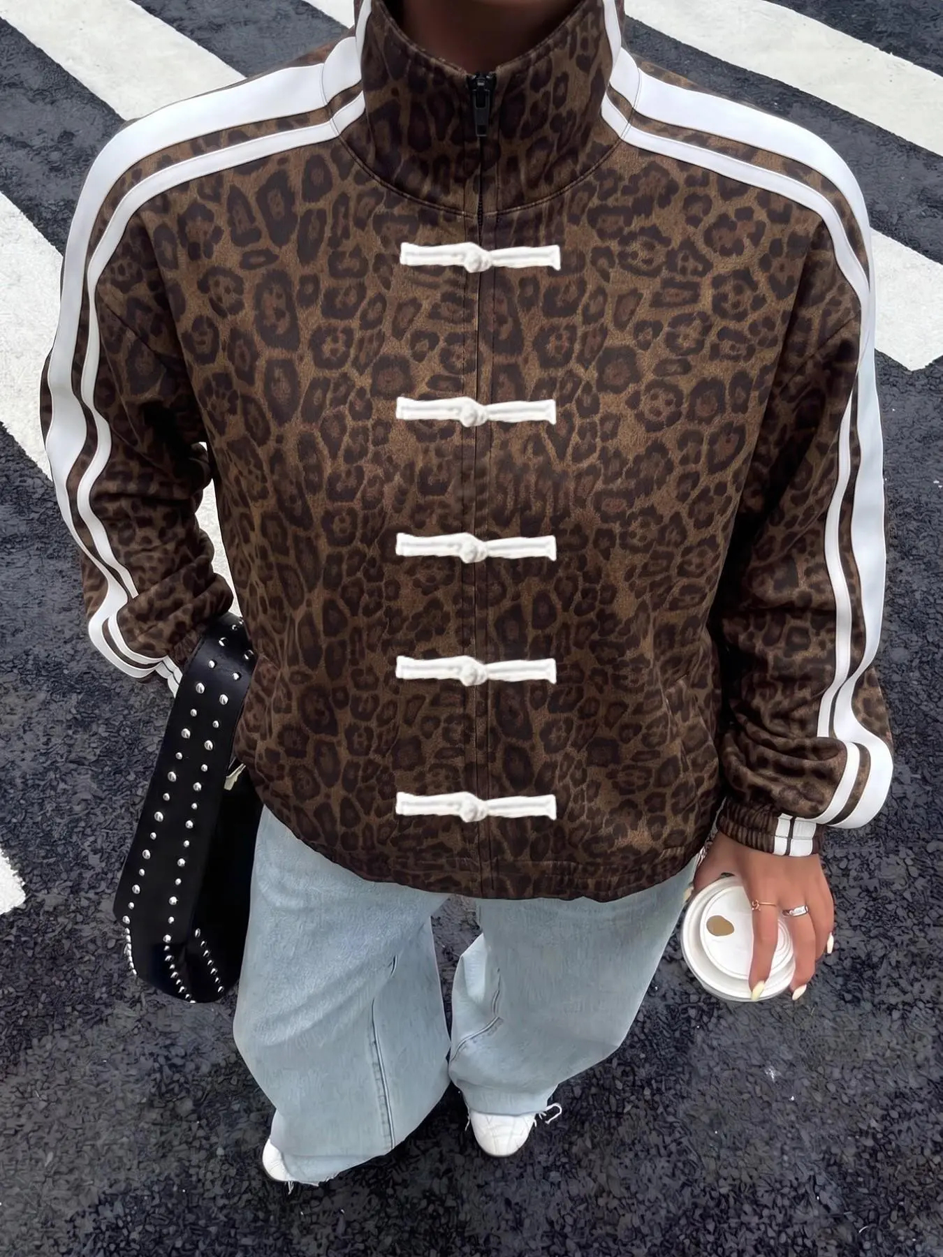 New Fall Women's Leopard Print Jacket, Button Front Leopard Print Coat, Stand Collar Side Stripes Vintage Loose Fit Short Jacket
