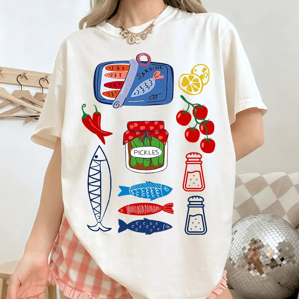 Women's Vintage Sardine Tinned Fish Graphic Cotton T-Shirt - Light, Breathable Everyday Fabric, Oversized Fit, Unisex, Pickles Aesthetic, Summer Short Sleeve, Cute Mediterranean Vibe Casual Top