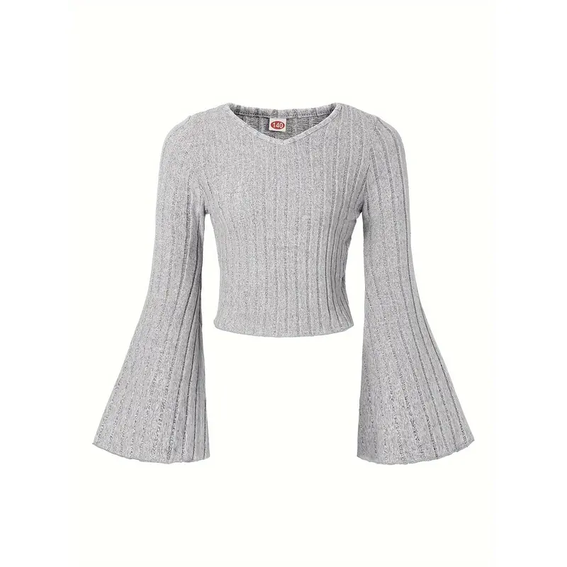 [Specialized Development] Girls' Fall/Winter Clothing, Sizes 130-170, Long-Sleeve V-Neck Bell-Sleeve Fleece-Lined T-Shirt, Ribbed Texture, Suitable for Back-to-School Season, Graduation Season, Proms, Parties, and Gatherings