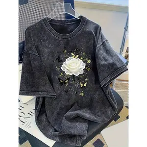 A Women'S Trendy Graphic Printed Washed T-Shirt - 230G Thick, Featuring a Vintage Street Style with a Round Neck And Short Sleeves, Machine Washable, Perfect for Casual Wear in Spring And Summer