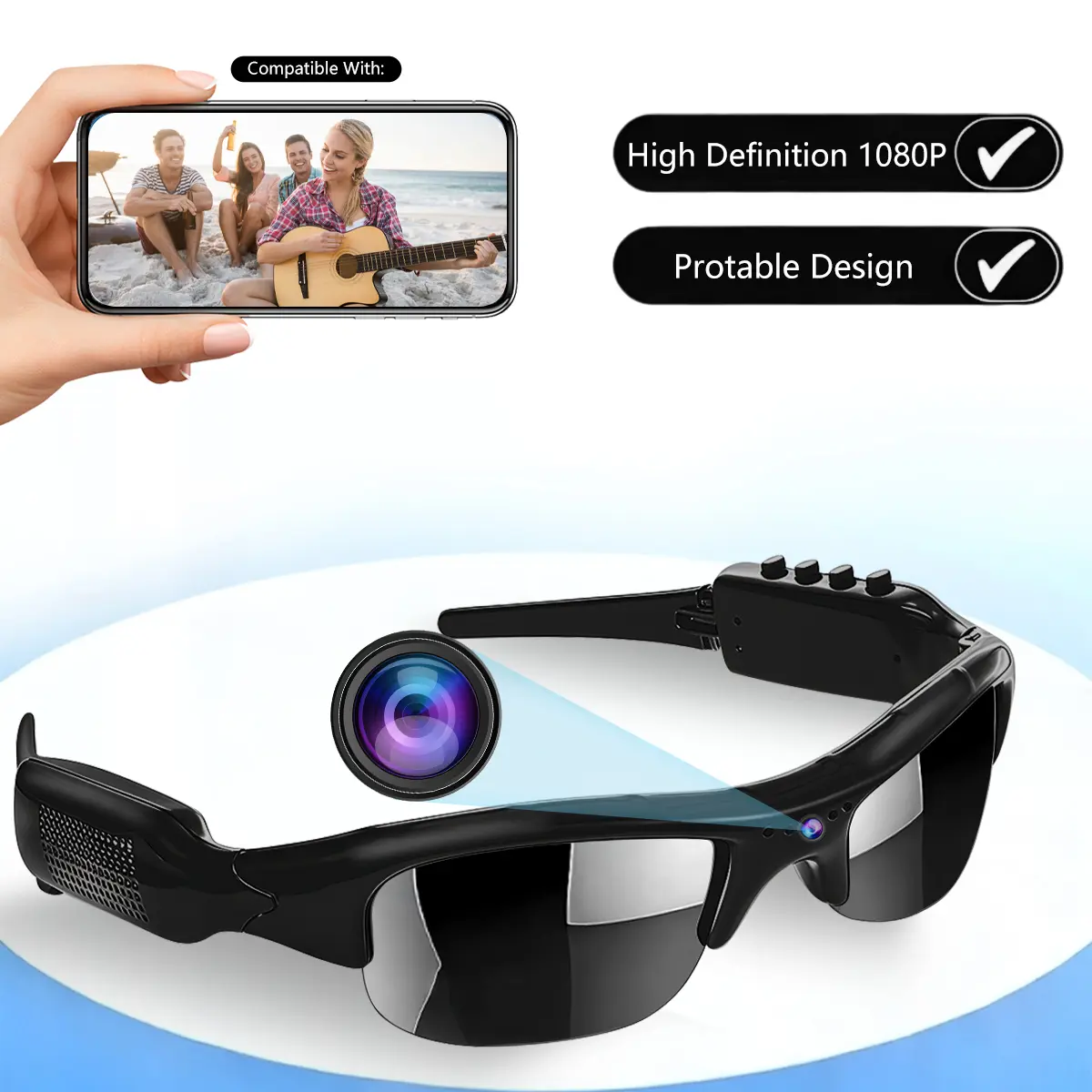 1080P HD smart sunglasses,cycling glasses,Unisex,UV-resistant,convenient for video recording,suitable for cycling and outdoor sports.
