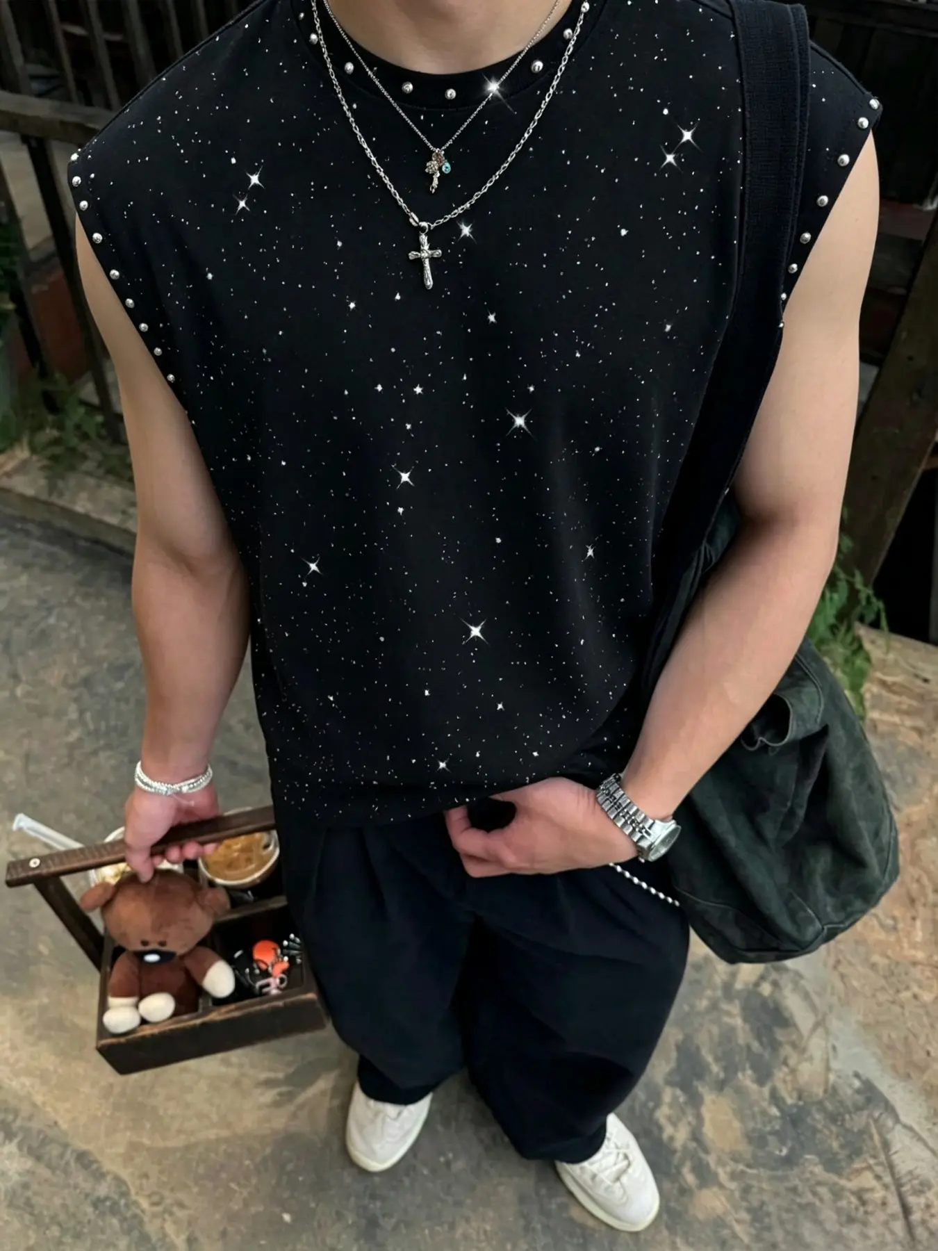 Men's Graphic T Shirts Loose Sleeveless Tank Top Black Star Rhinestone Studded Crew Neck Casual Outfits Summer Streetwear Daily Nightclub Sport Wear For Male