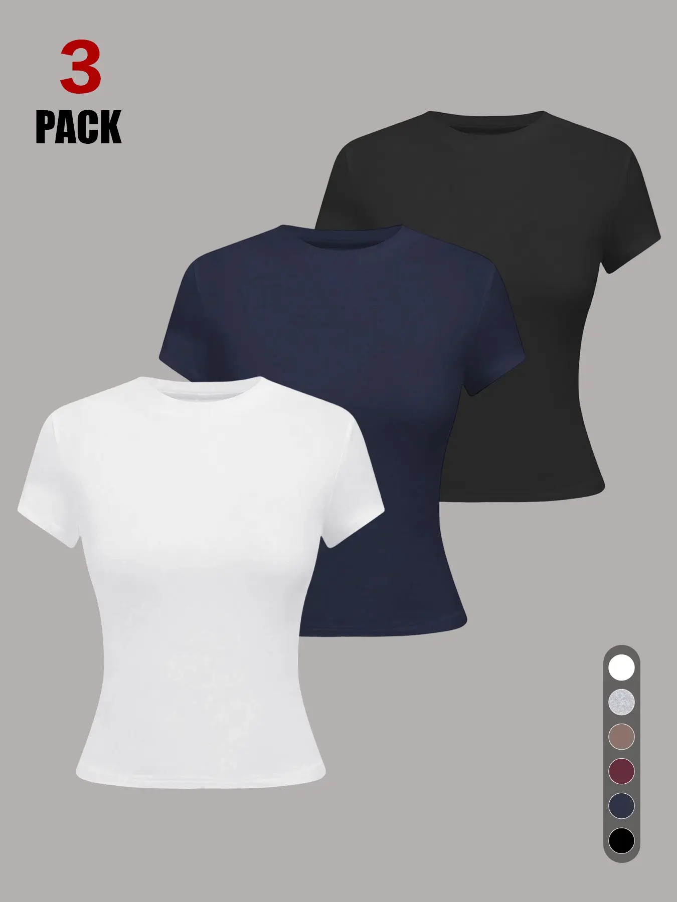 Women Crew Neck Crop Tee, Slim Fit, High Stretch, Casual Daily Wear, All Seasons, Basic Top, 1/3-Pack, Viral, Going-Out