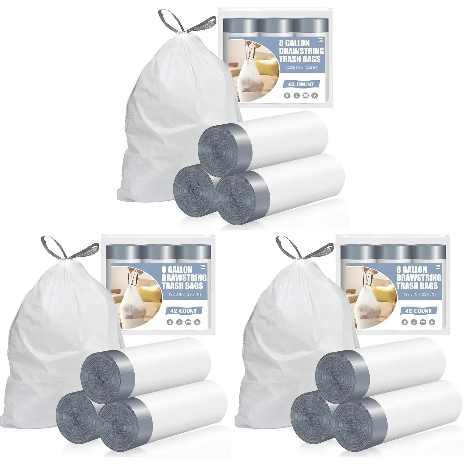 Drawstring 8 Gallon Trash Bags - 42 Count Pre-separated Medium Trash Bags 8 Gallon, White Unscented 8 Gal Garbage Bags