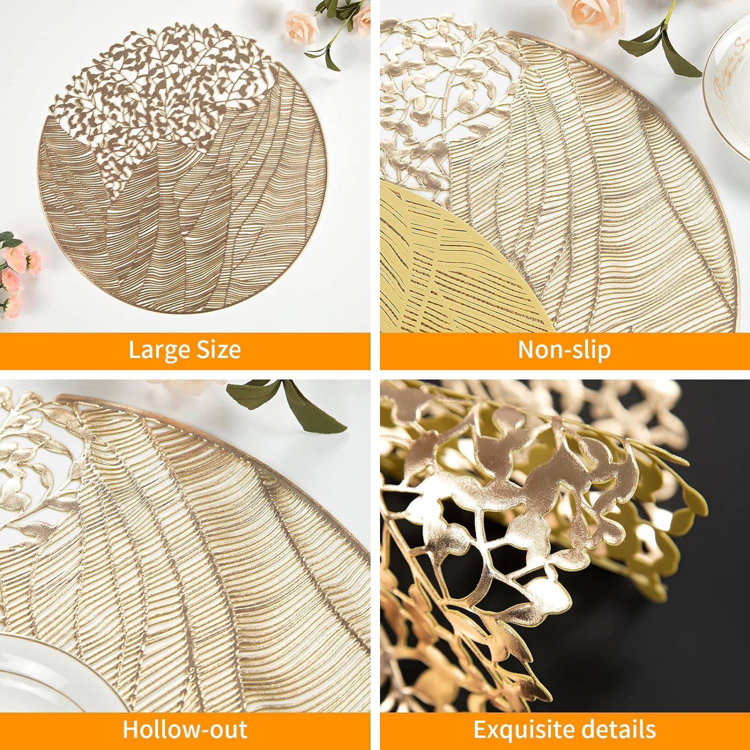 Round Leaf Pattern Placemat, 6 Counts Non-slip Table Mat, Household Placemat, Tableware for Dinner, Party, Wedding, Home Decor Supplies, Coasters, Kitchen Decorative Placemat