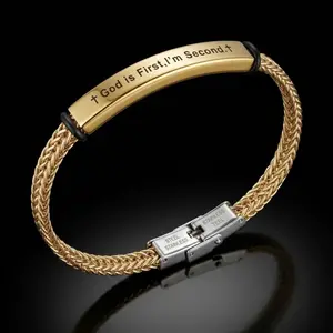 Faith-Based Braided Stainless Steel Bracelet with Uplifting Engraved Quote "GOD FIRST I'M SECOND" | Religious Inspirational Wristband for Men Women | Christian Blessing Jewelry Gift (Premium Edition)