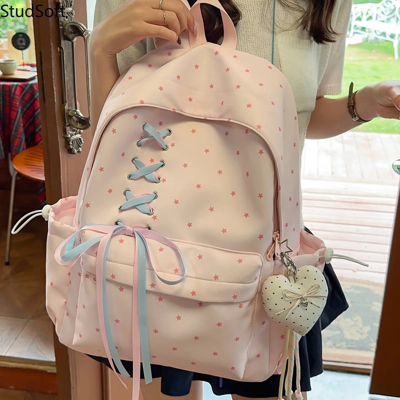 Cute Pink Star Print Backpack Back to School Season Gift Japanese Style Large Capacity Canvas Bookbag with Ribbon Bow Heart Pendant Travel Daypack
