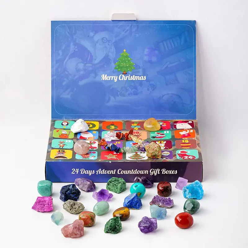 New Christmas 24-Day Countdown Crystal Calendar Gift Box, Includes 24 Natural Mineral Specimens, Perfect for Collectors and Holiday Displays