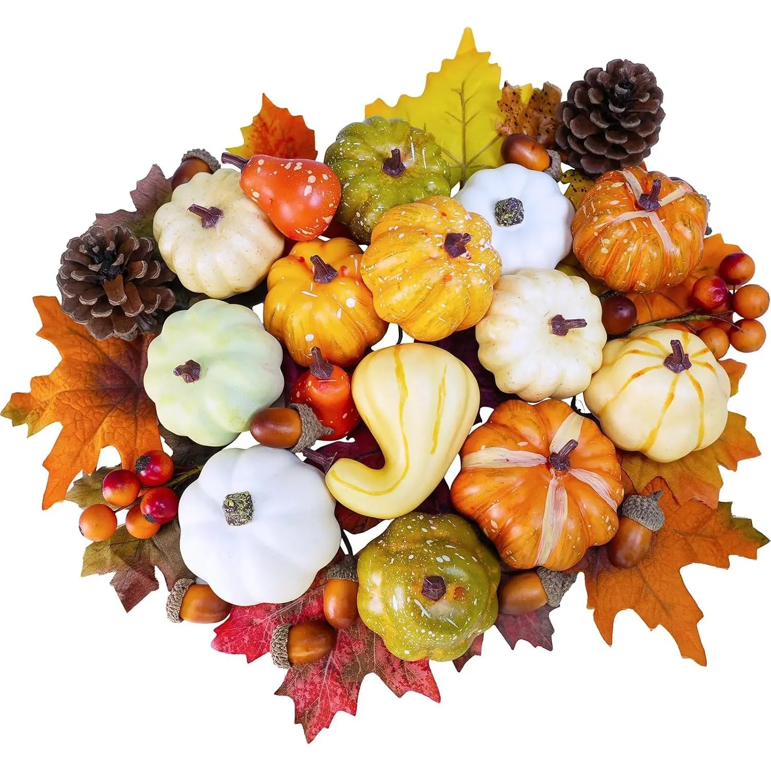 Winlyn 46 Pcs Fall Harvest Decor Set, Assorted Small Artificial Pumpkins Gourds with Acorns Pinecones Maple Leaves for Autumn Party Table Centerpiece Thanksgiving Halloween Wreaths Vase Bowl Filler
