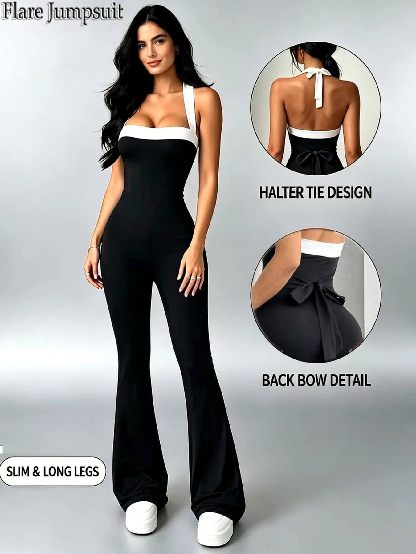 Women's Sexy Backless Bodysuit, Elegant Patchwork Halter Neck, Slim Fit Waist Tie, Stretchy Fabric, Perfect for Office, Dates, Parties
