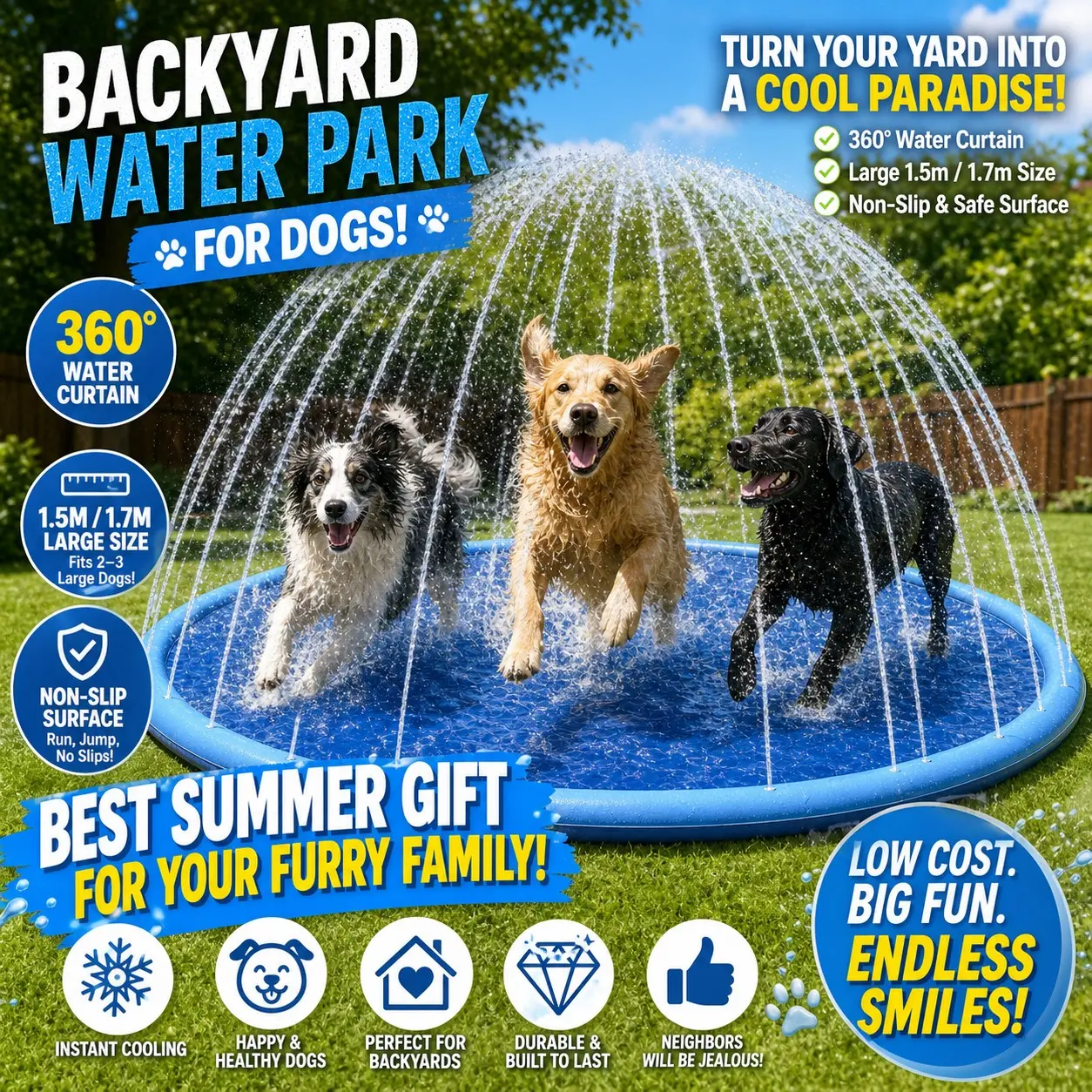 Non-Slip Splash Pad for Kids and Dog, 67'' Splash Pad Thicken 0.58mm for Kids Ages 4-8 Toddler Baby Splash Sprinkler Pad Dog Pool Water Park Summer Outdoor Fun Water Toys for Boys Girls