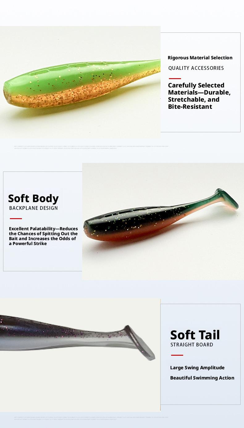 8-piece set of outdoor fishing lures, T-tail 3inch (7.6cm) soft bait, smooth surface, fine fishing gear