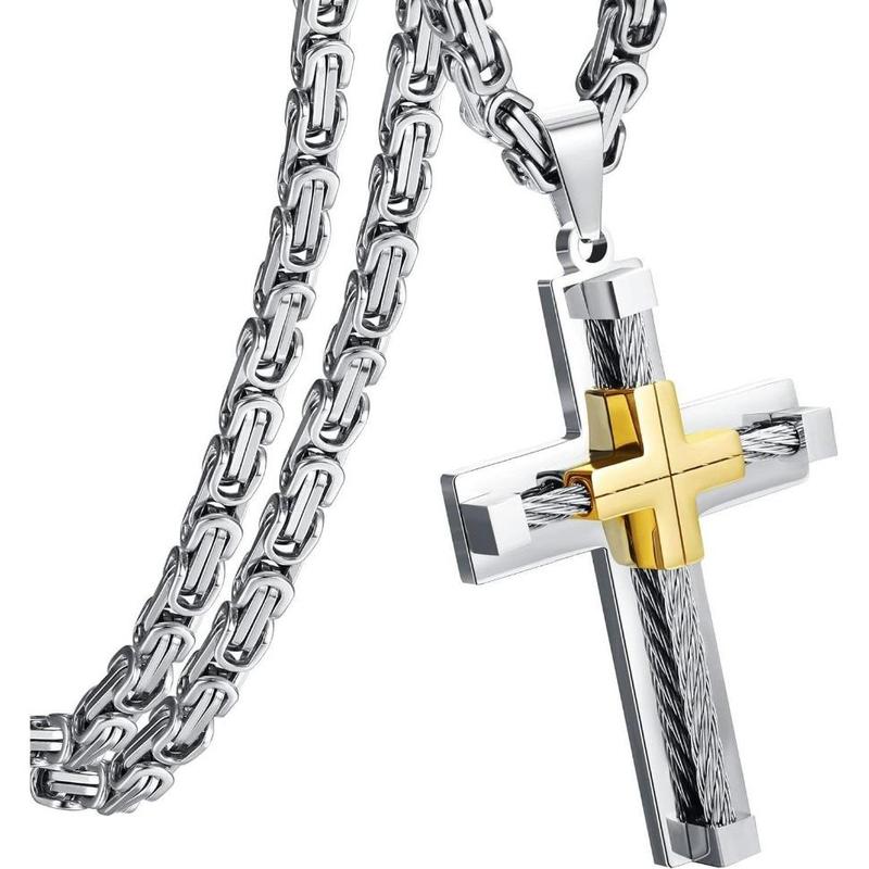 FINREZIO Stainless Steel Large Cross Chain Silver/Gold/Black Cross Pendant Byzantine Chain Necklace Cross Necklace for Men 24" gifts girlfriend necklace stack jewelry men men's jewelry chains for men y2k accessories men's jewelry