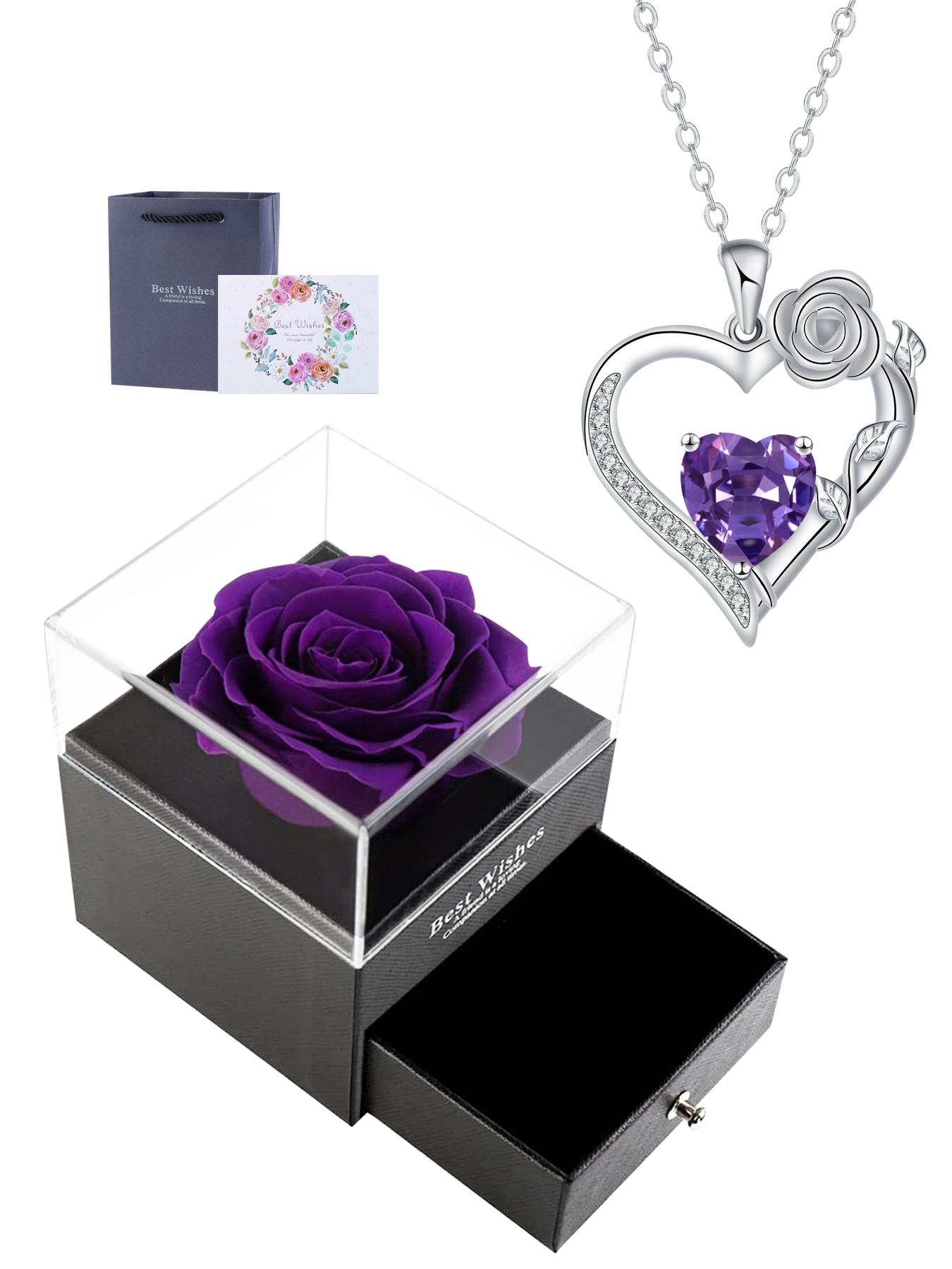 Rose Flower Heart Pendant Necklace With Rose Jewelry Gift Box, Love Heart Necklace, Anniversary Birthday Gifts for Women Mom Wife Her, Mother's Day Jewelry Gift for Mom
