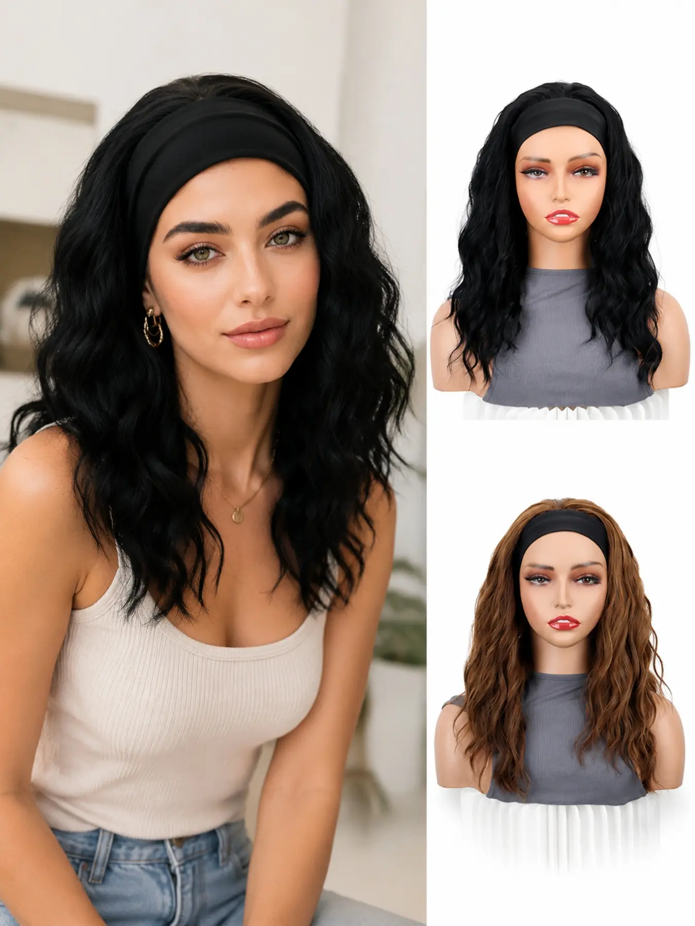 16Inch Synthetic Water Ripple Headband Wig for Women, Natural Voluminous Look, Easy to Wear, Perfect for Daily Use, Comfortable and Stylish