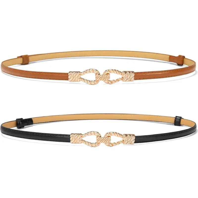 Women's Wardrobe Skin Belts for Women Dresses, Adjustable Leather Thin Belt| Gold Buckle, 2 Pack Ladies Waist Belts for Casual Dresses/Wedding Dresses/Skirts/Shirts/Blouses/Sweaters