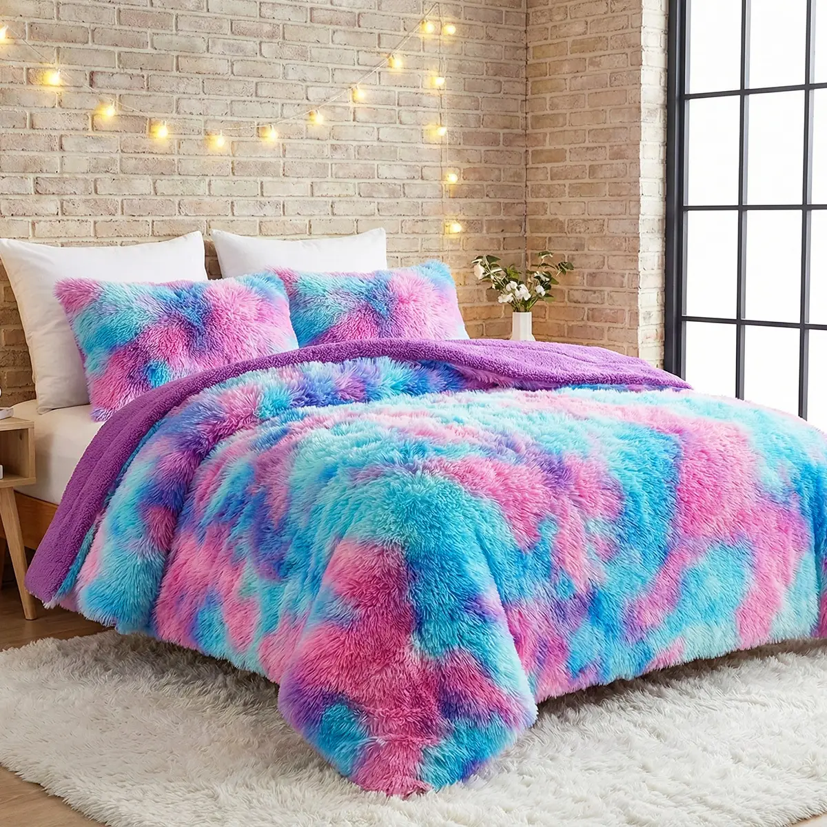3PCS Queen King Shaggy Soft Comforter Set, Luxury Double-Sided Sherpa Fleece Long-Hair Plush Bedding Set, Boho Chic Cozy Warm Winter Bedding, 1 Fuzzy Comforter + 2 Pillowcases, Sweet Christmas Room Decor, Local Warehouse