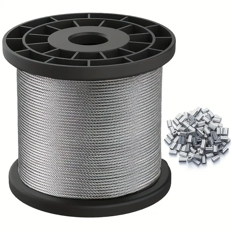 Silver Color Clothesline Rope, Adjustable Hanging Ropes, Adjustable Length, 1/25 Inch Steel Wire, 20pcs Aluminum Locking Sleeves, Ideal for String Lights, Outdoor Camping