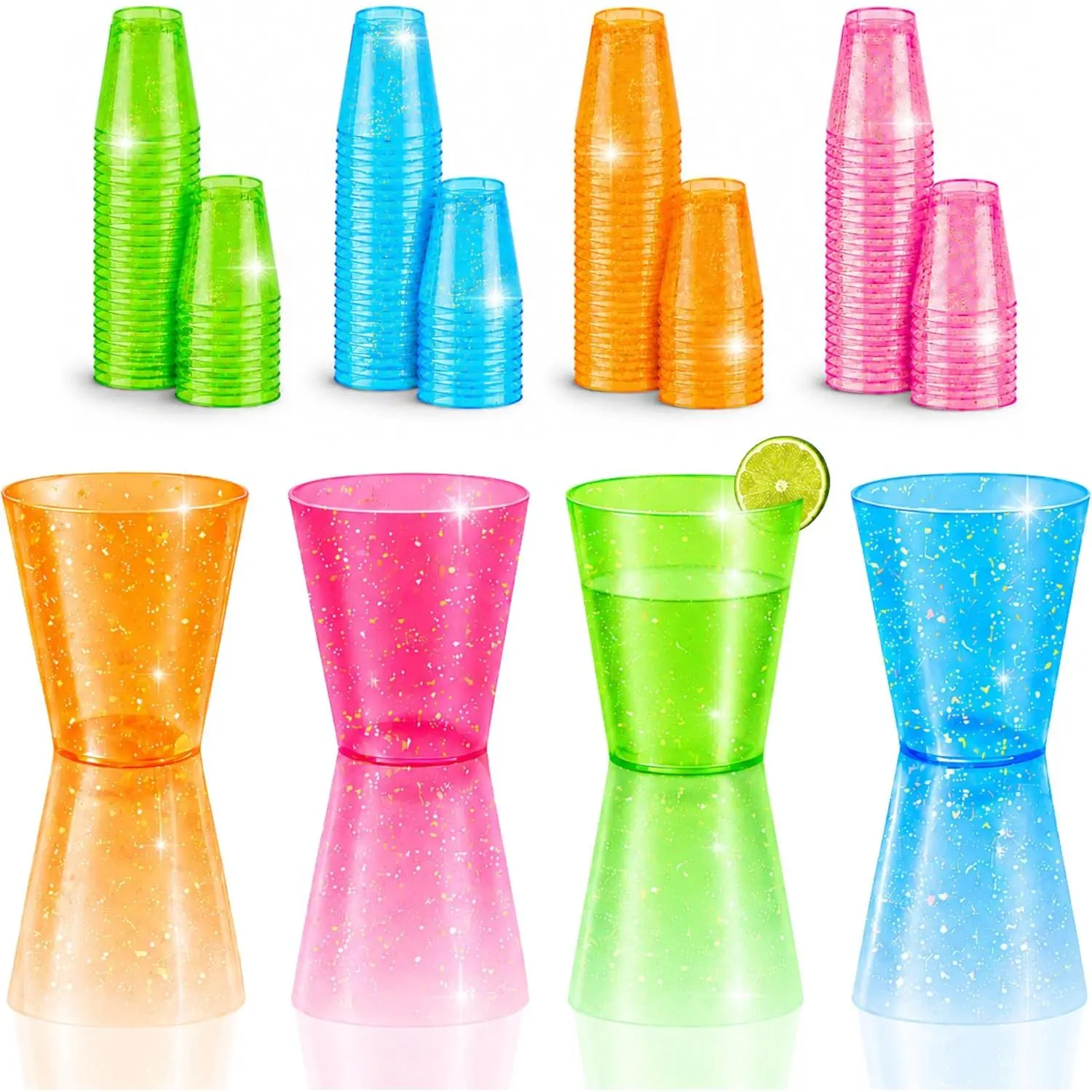100 COUNT (1 oz) NEON SPARKLE | PLASTIC SHOT GLASS CUPS | Disposable BRIGHT MULTI-COLOR Variety Pack | Glow Party Disco  Trinkets Decorations Accessories Decor