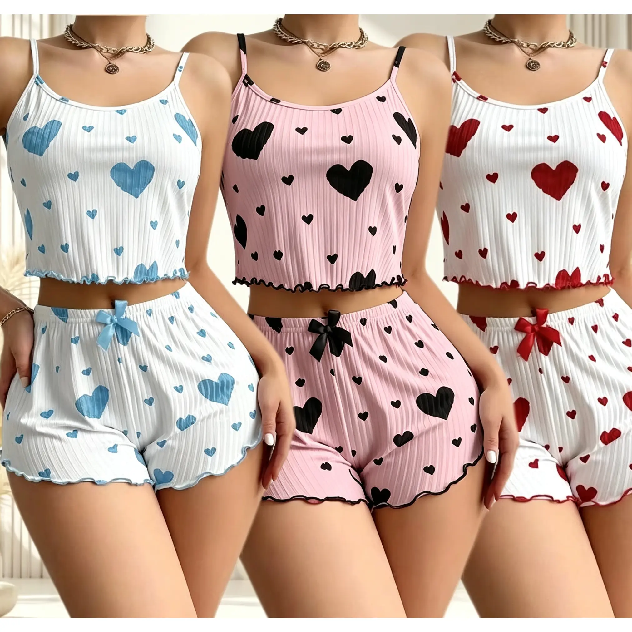 3PCS/Set 3Colos Blue+pink+red Cute Heart Print Pajamas Set | Comfortable Crew Neck Tops with Bow Decoration and Shorts, Perfect Valentine'S Day Gift Short Cami Nightgown For Summer Daily Wear