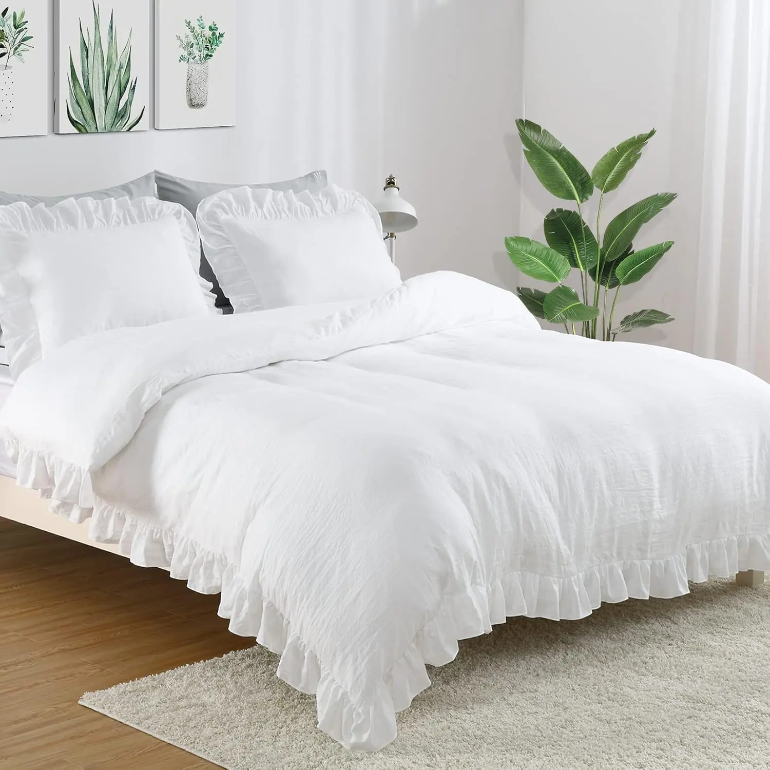 Queen Size White Ruffle Duvet Cover Set - 3-Piece Soft Microfiber Bedding, Vintage French Country Farmhouse Queen Bedding, 90x90 in, Bedding Sets, Queen Bedding Sets