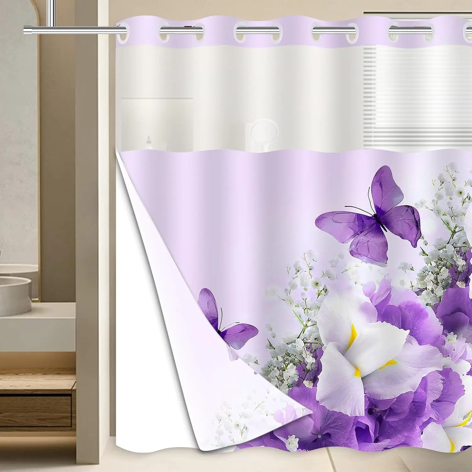 No Hook Purple Shower Curtain with Snap in Fabric Liner Set Nature Double Layers Waterproof Fabric Flowers and Butterfly Shower Curtains for Bathroom Clearance 71x74 Inch