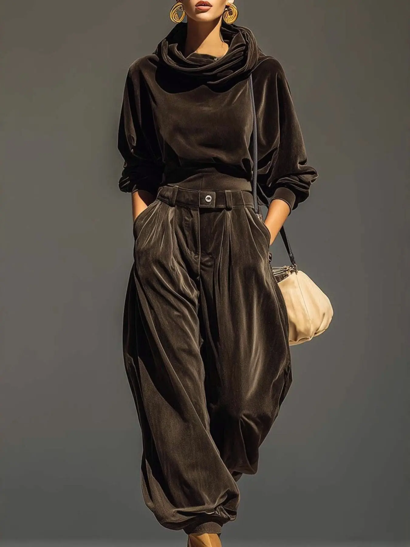 2026 New Fashion Velvet Set, Hooded Long Sleeve Short Top, Pocketed Pants, Loose Fit, Fall & Winter, Casual Two-Piece