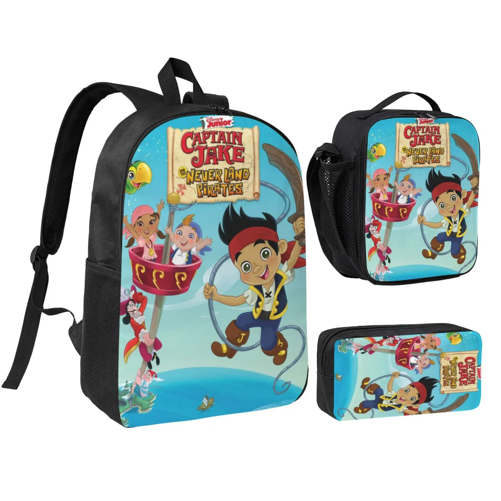 Anime Jake And The Neverland Pirates 3Pcs School Backpack Set for Teens Boys Girls, Adjustable Strap Kids Bookbag with Insulated Lunch Bag & Pencil Case, Lightweight Travel Office Daypack, Lunch Box, Foam, Christmas Gifts, Zip