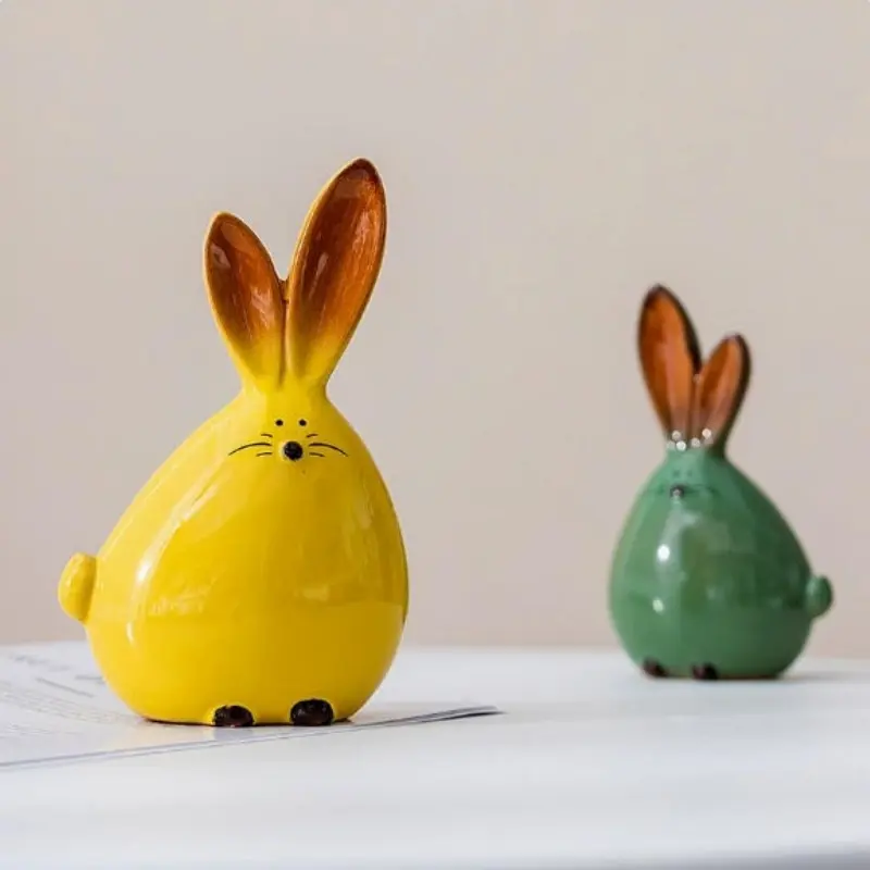 Elegant Ceramic Rabbit Ornament Set (2-Piece) – Multicolored Decorative Collection (Including Rare Pink Tones) – Long-Eared Rabbit Figurines – Home & Office Desktop Decor – Heartwarming Gift