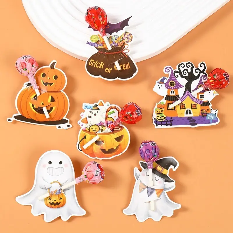 1Set Halloween Lollipop Card Toppers – Cute Pumpkin Ghost Bat Designs for Candy DIY Wrapping, Classroom Activity, Trick-or-Treat & Party Favors