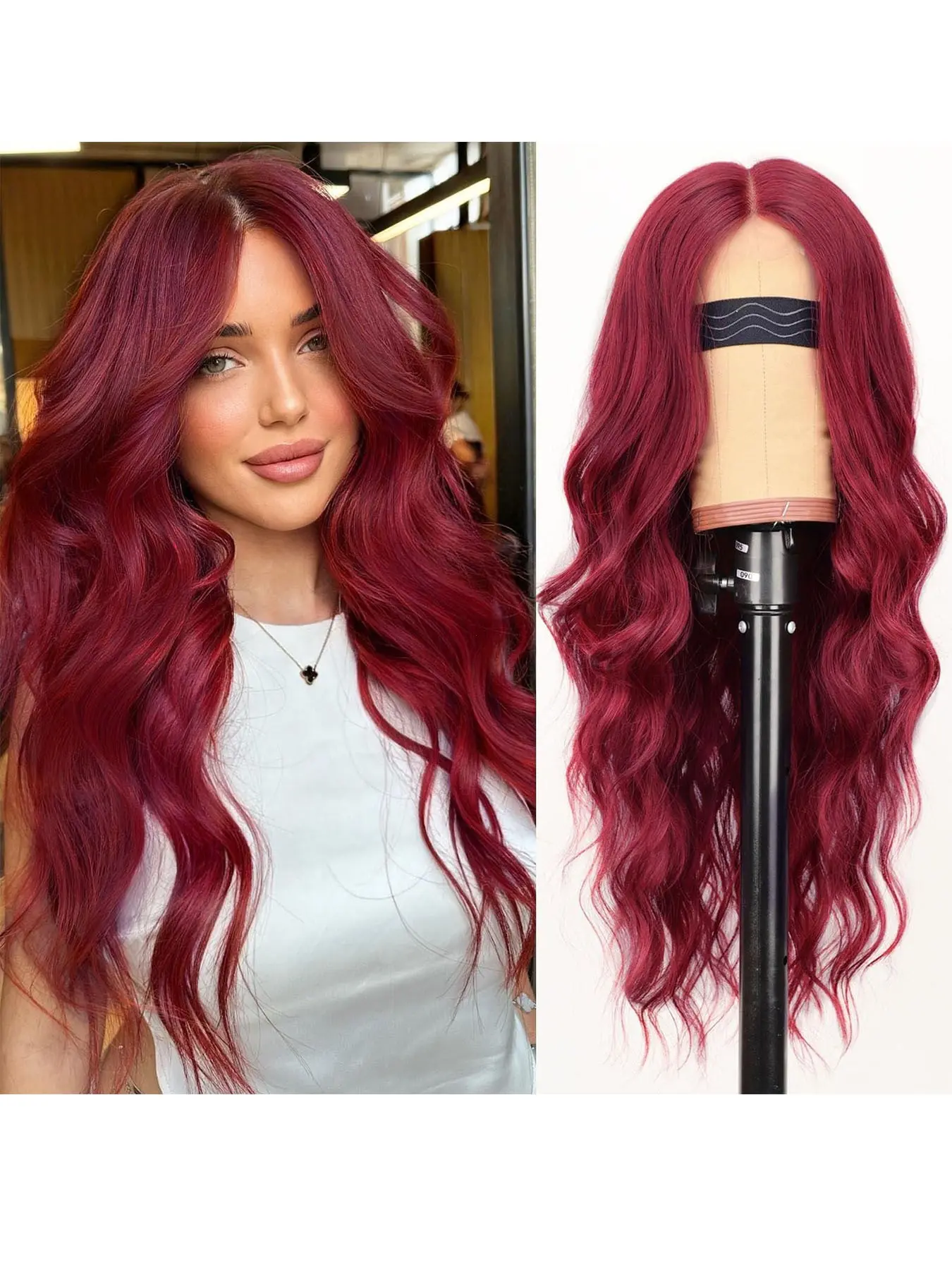 Burgundy Wig for Women, Long Wavy Wig, Long Hair Wig, Middle Part 26 Inch, Heat Resistant Synthetic Wig, Perfect for Daily Use, Wavy Synthetic Wigs