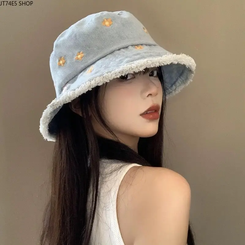 2026 Spring Autumn Solid Denim Embroidered Bucket Hat, Face Slimming Niche Versatile Outdoor Travel Fashion Hat
