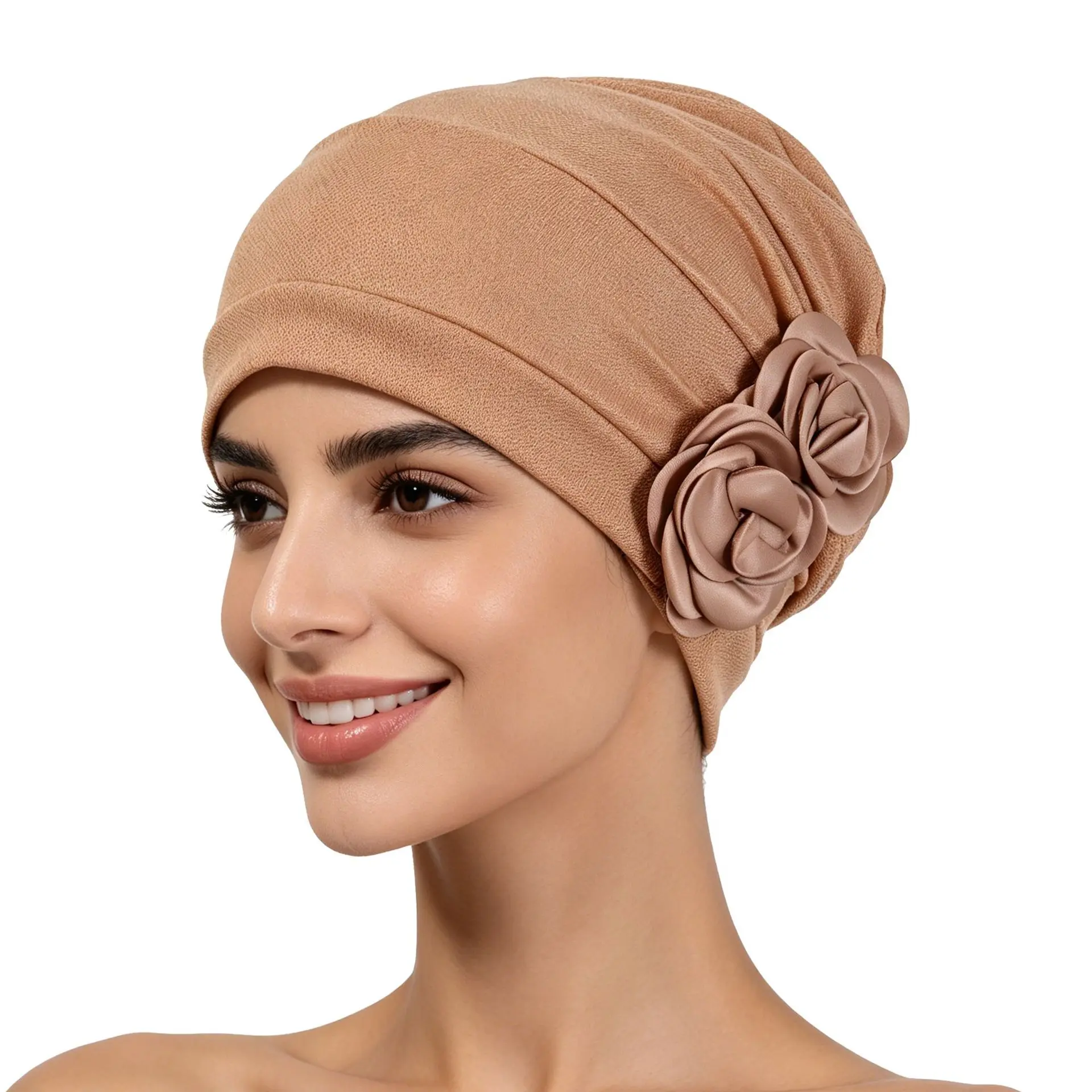 Double Rose Flower Turban Bonnet Cap - Sports & Outdoor Accessory, Textured Stretch Fabric, Non-Slip, Soft, Breathable, One Size Beanie Headwrap for Daily Outdoor Use