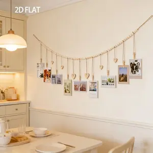 Boho Style Photo Display Rack, Wall-Mounted Photo Holder for Living Room, Bedroom, Classroom, Wooden Beads, Clips, Heart Tags