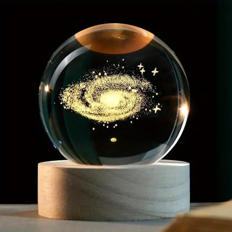 1pc 3D Galaxy Crystal Ball 2.36" Laser Engraved Glass Planet Sphere, Warm Light Gifts with Lighted Base Home Office Decor Space Universe Birthday Gift for Girlfriend, Boyfriend, Wife, Husband, or Valentine's Day Gift for Astronomy Lovers