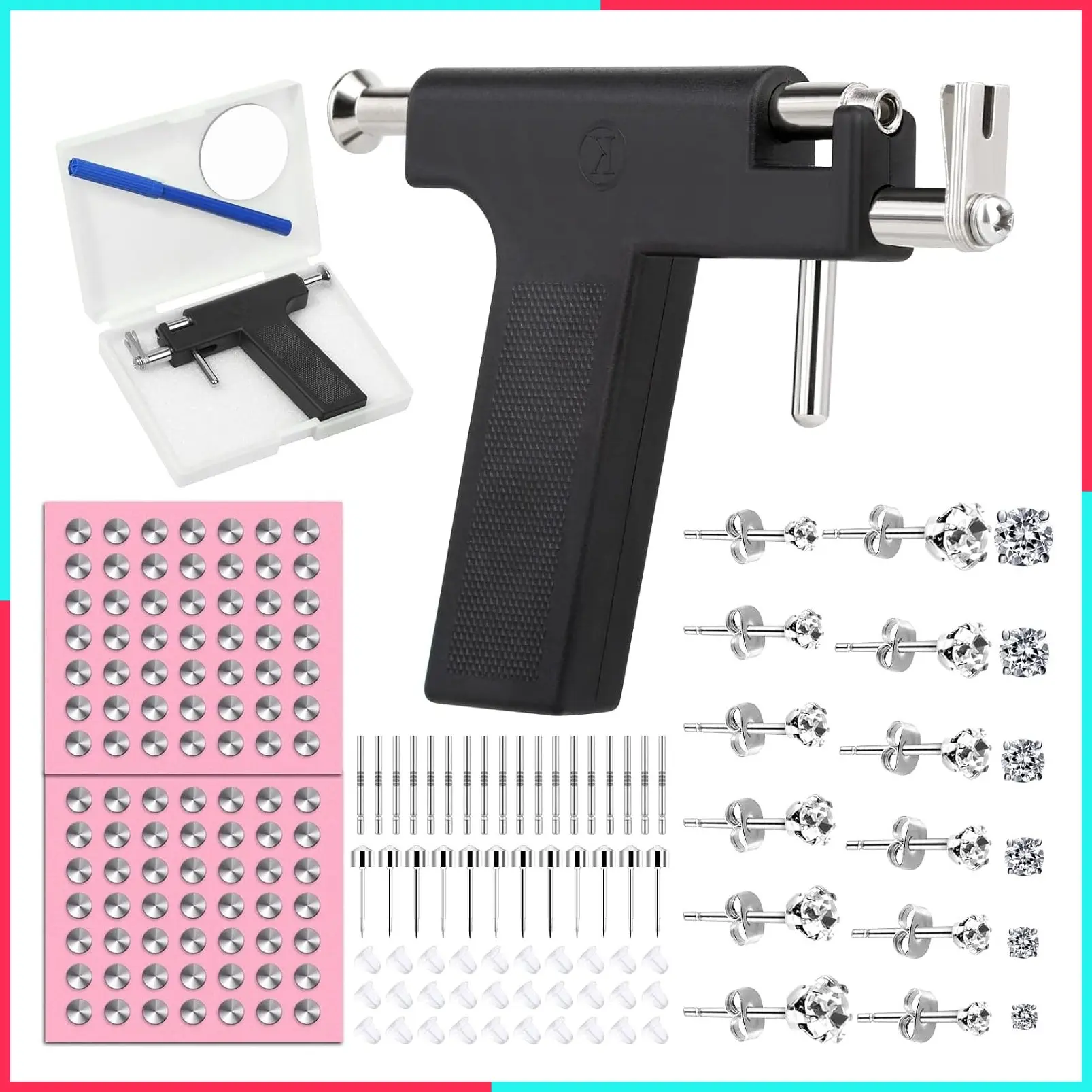 Professional Reusable Ear Piercing Gun Kit with Stainless Steel Stud Earrings and Crystal Earrings for At-Home Salon, Earlobe Cartilage Helix Tragus Piercing Tool Set