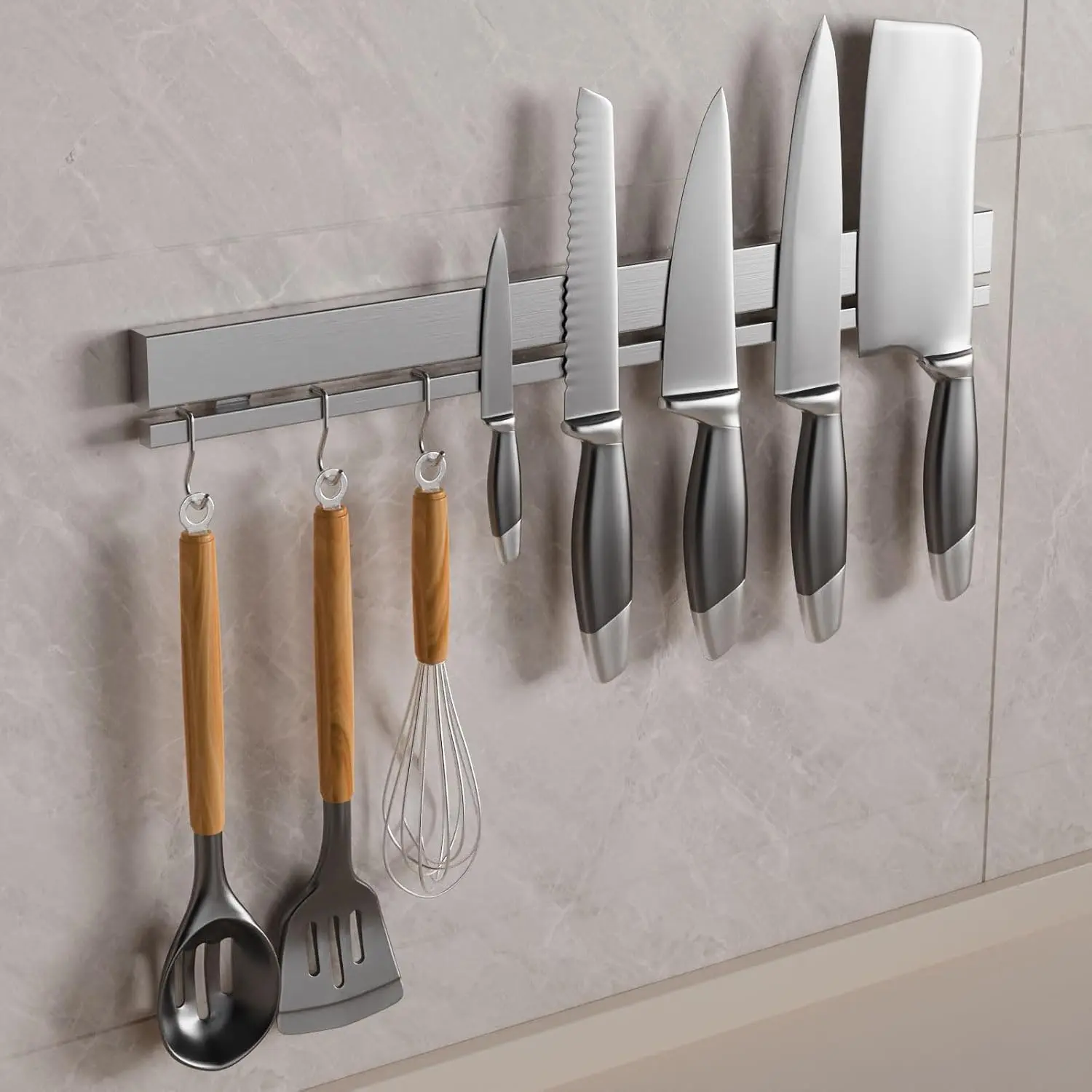 TOUKA 17 Inch Magnetic Knife Strip for Wall with 12 Hooks| Long no-drill knife bar includes 12 removable hooks, strong adhesive and screws for knives, tools and kitchen utensils.