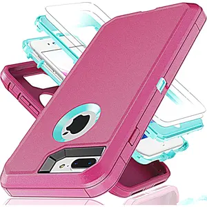 for iPhone 7 Pl Case,iPhone 8 Pl Case with Explosion-Proof Film[2 Pack],3 in 1 Shockproof TPU Hard PC Bumper Drop-Proof Shell for iPhone 7 Pl,iPhone 8 Pl,Pink/Sky Blue