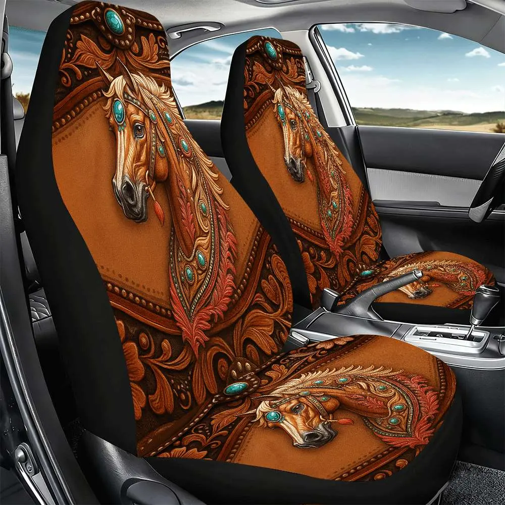 2pcs Ornate Horse Car Seat Covers Suitable for Front Seats, High Back Design, Material, Suitable for Cars, SUVs and Trucks, Women's Car Accessories, Christmas Eve Scares, Halloween, Special Promotion Clearance.
