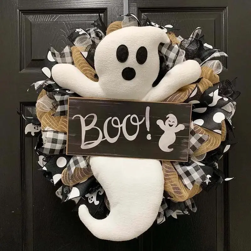 1 Counts Halloween Ghost Wreath Decoration - With BOO! Doll door pendant with logo, cute and friendly design, black, white and beige matching - indoor and outdoor party decoration without power supply - Halloween party decoration
