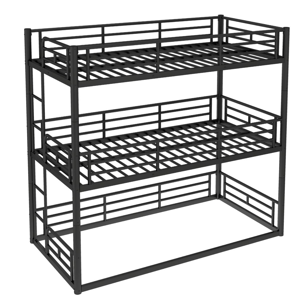 Twin/Queen Triple Bunk Bed, Metal Triple Bunk Bed with Safety Guardrails, Heavy-Duty Bunk Bed with Noise-Reduced Design – Black/White