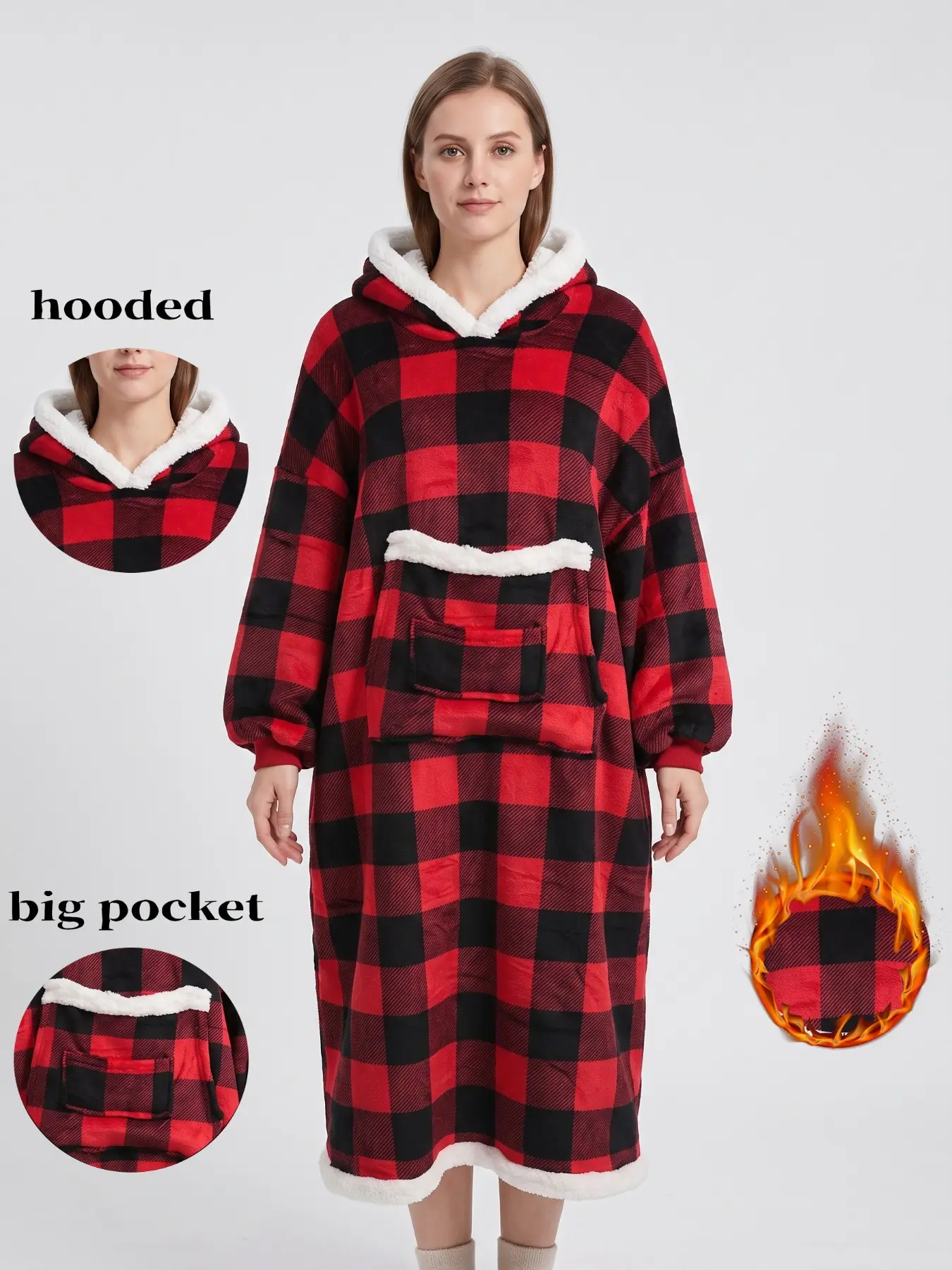 Women's Fall Winter Retro Casual Plaid Coral Fleece Bathrobe, Long Hooded Sleepwear, Warm Comfortable Home Wear, Pattern, Pocket