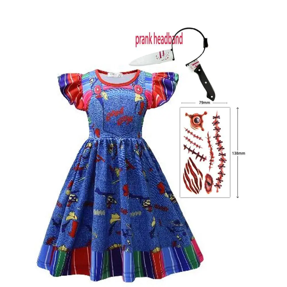 Halloween Girls Costume Chucky ChildPlay Blue Cartoon Dress with prank headband for Girl Chucky Cosplay Costume