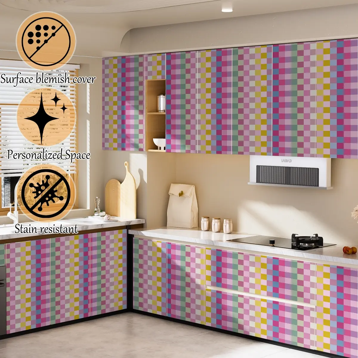 Peel and Stick PVC Wallpaper, Colorful Checkered Grid Pattern Self Adhesive Wall Paper, Removable Decor for Bedroom Living Room Office