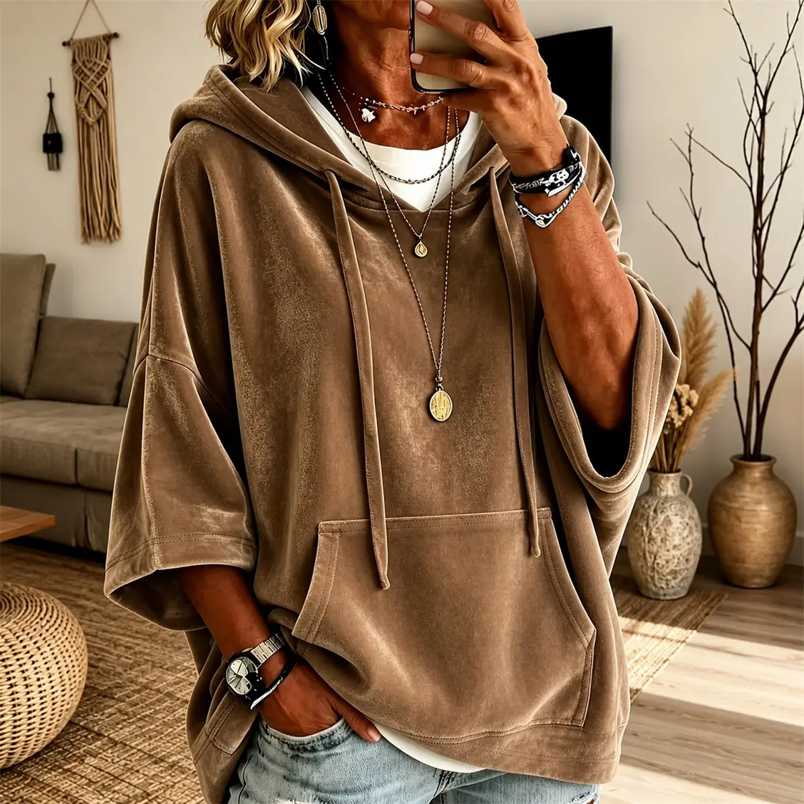 Women’s Velvet Hoodie Pullover, 3/4 Sleeve Batwing Hooded Sweatshirt with Drawstring Hood and Kangaroo Pocket, Loose Fit Casual Cozy Top for Fall Winter Spring, Everyday Wear, Travel & Weekend Outfits,sohochic
