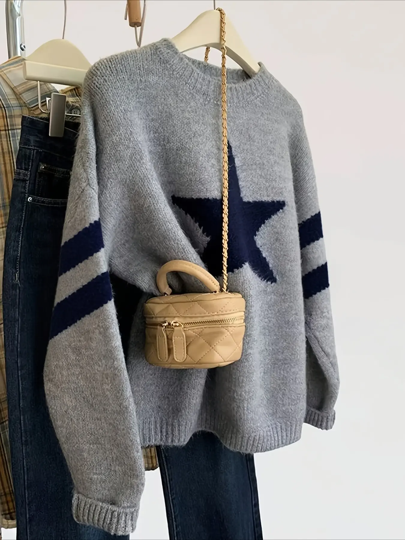 Spring New Elegant Loose Fit Outdoor Women's Casual Pullover, Round Neck Retro Patchwork Striped Star Pattern Knit Sweater, Soft Comfortable Heavyweight Sweater