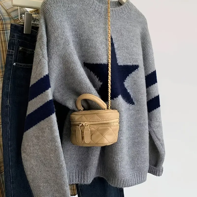 Women's Y2K Loose-Fit Knit Sweater, Casual Pullovers, Long Sleeve Round Neck, Vintage Stripes Stars Pattern, Soft Comfortable, Fall Winter Casual Wear