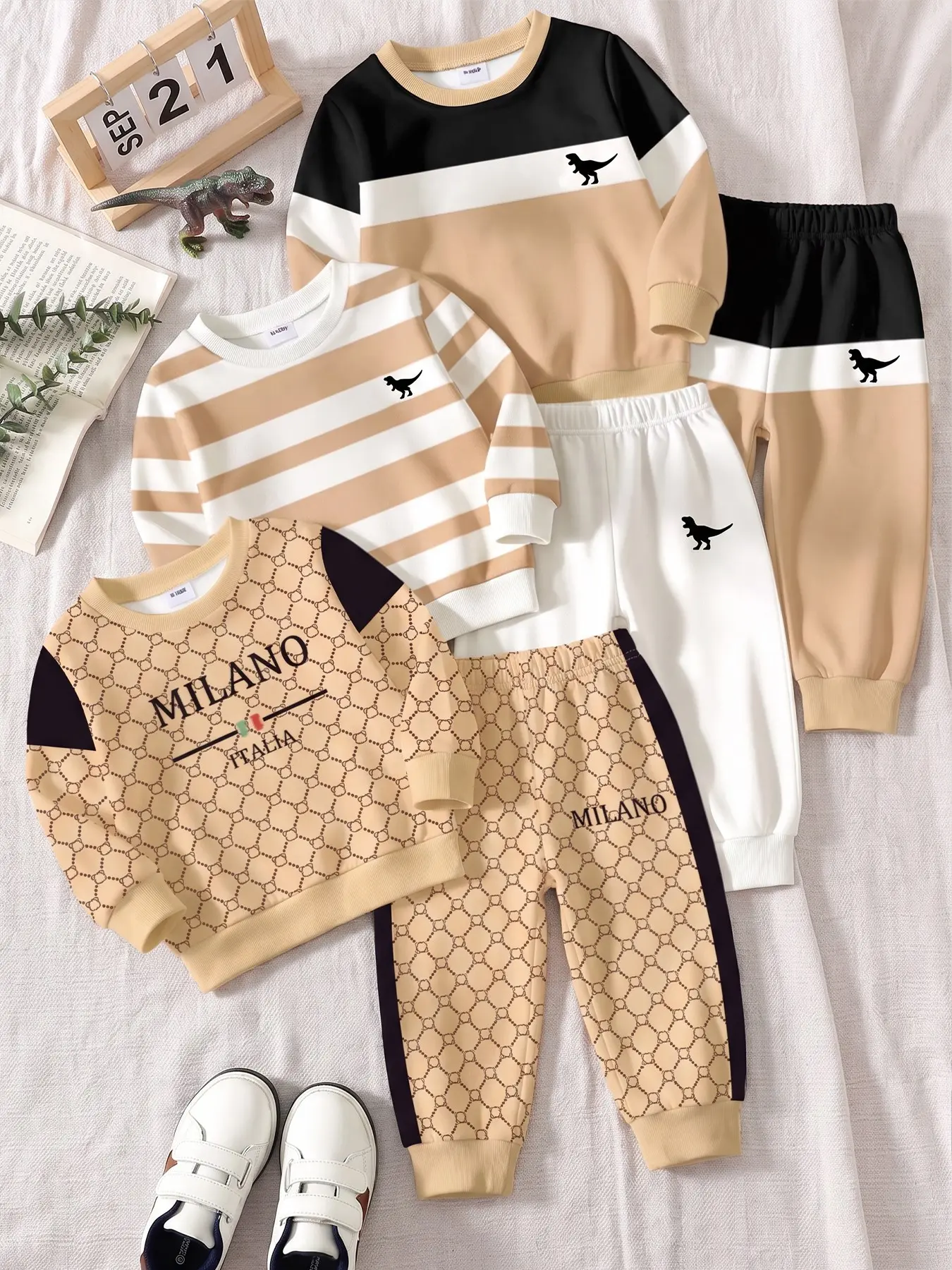 【Black Friday】6-Piece Boys’ Matching Sweatshirt and Jogger Pants Set, Including Striped Top and Dinosaur Details, Soft Kids’ Clothing for Home and Outdoor Wear