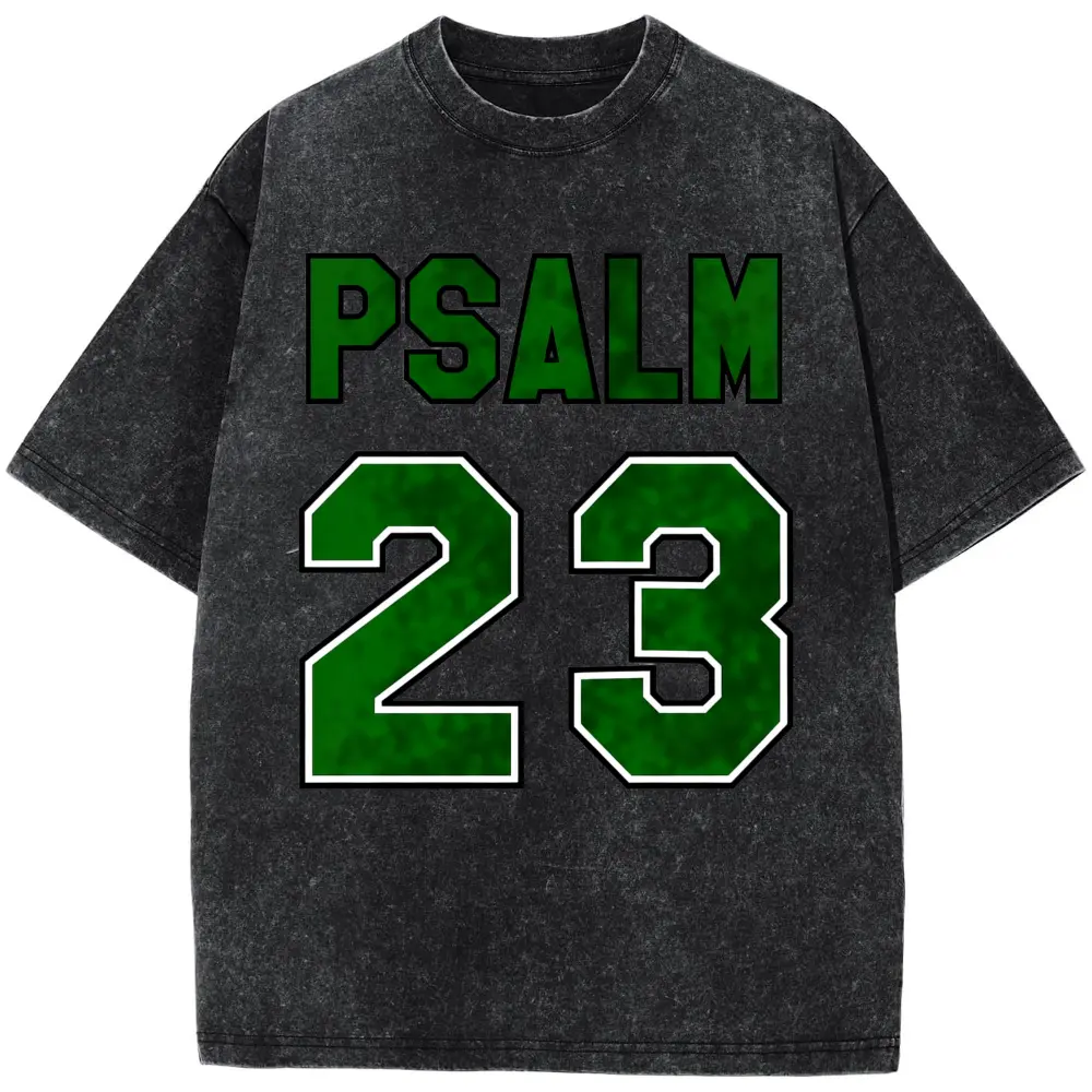 Women's Psalm 23 Jersey Premium T-Shirt - Casual short sleeve crew neck t-shirt with bold green lettering, soft and breathable fabric, perfect for holiday parties and gift giving