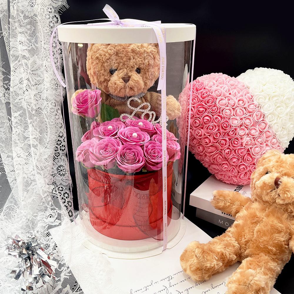 Artificial Flower Gift Box with Bear, 1 Count Romantic Rose Gift Box, Decorative Flowers Bouquet, Birthday Gift, Roses Bouquet, Decorative Vibrant Faux Flowers, Ribbon Roses Bouquet, Glitter Rose #GLOBAL PICKS